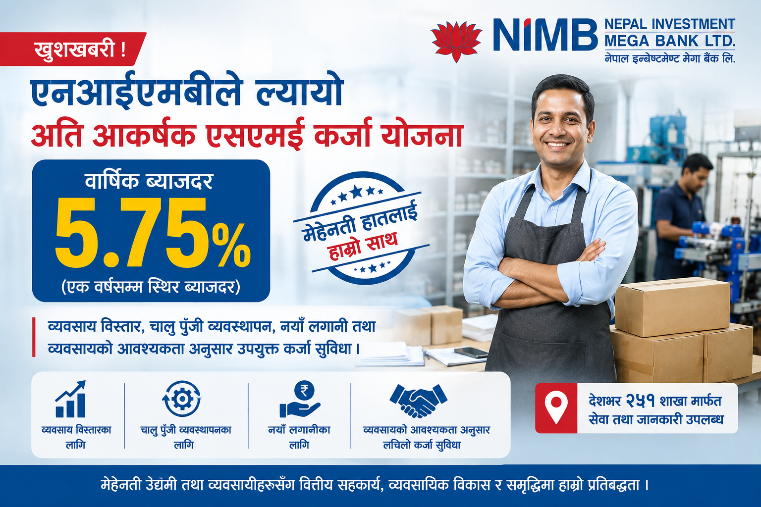 नेपाल इन्भेष्टमेण्ट मेगा बैंकद्वारा अति आकर्षक ५.७५% ब्याजदरमा एसएमई कर्जा योजना सार्वजनिक
